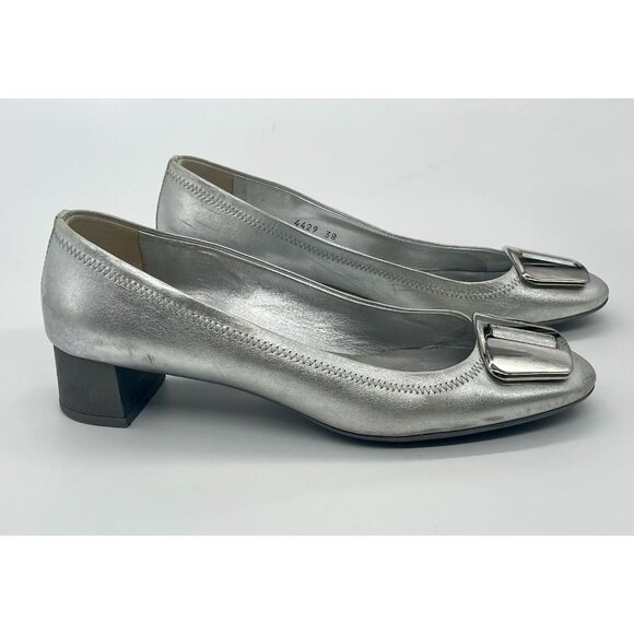 PRADA women’s shoes Silver sz 7.5 EU 38 leather Block Heels Pumps Casual Career - Picture 2 of 6